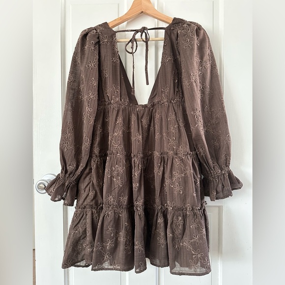 STORIA Brown Tiered Babydoll Mini Dress Long Sleeve Embroidered Floral Size S - Picture 3 of 11